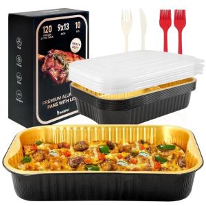 image9x13 Heavy Duty Aluminum Pans with Lids 10 Set 95 lb Extra Thick Blackgold Aluminum Foil Pans for Cooking Heating Meal Prep Storage Freezer and Takeout