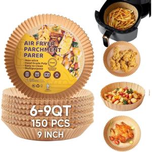 imageKatbite 150PCS 9 Inch Air Fryer Liners for 69 QT Basket Air Fryer Disposable Paper Liner Large Non Stick Air fryer Liner Made of Food Grade Parchment Paper