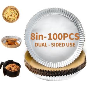 imageKatbite Air Fryer Liners Disposable  8 inch Square NonStick Airfryer Paper Liners Unbleached Parchment Paper for 5 to 8 Qt Basket Frying Baking Cooking Roasting Easy Cleanup 130pcs8RoundSiliconePaperFoil