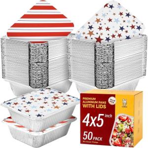 imagekatbite 50 Count 1 Lb16 Oz Aluminum Pans 5quotX4quot Mini Aluminum Pans With Lids Disposable Aluminum Foil Pans Small Aluminum Pans With Lids  Perfect For Catering Meal Prep Baking Freezer Safe