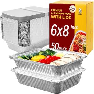 imagekatbite 85x6 Aluminum Pans with Lids 50 Pack  Aluminum Pans ampamp Cardboard Lids 225 LB Premium Foil Pans Disposable Food Containers with Lids Ideal for Air Fryer Cooking Heating Freezer