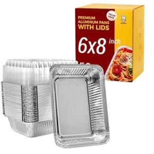 imagekatbite Small Aluminum Pans with Lids 50Pack 8quot6quot 225 LB Capacity Foil Food Containers with Clear Lids Disposable Tin Foil Pans for Baking Meal Prep and Freezer Takeout