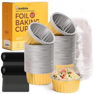 imageDisposable Ramekins with Lids  Katbite 60 Pack 5oz Aluminum Foil Cupcake Baking Cups Muffin Tins for Creme Brulee Desserts Baking  GoldGold