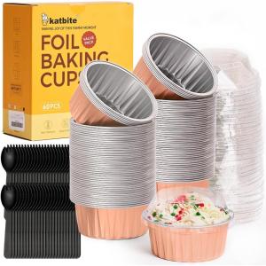 imageDisposable Ramekins with Lids  Katbite 60 Pack 5oz Aluminum Foil Cupcake Baking Cups Muffin Tins for Creme Brulee Desserts Baking  GoldRose Gold