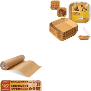 imageKatbite 15in x 242ft Unbleached Parchment Paper Roll ampamp Square Air Fryer Liners 8 inch 130pcs