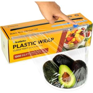 imageKatbite Plastic Wrap with Removable Slide Cutter 12inch X 1200 Square Foot Food Service Clear Film Roll Thick Enough Stronger Durable Stretch for Daily ampamp Comercial Use